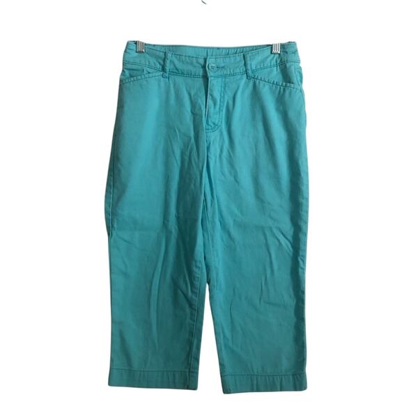 St Johns Bay Aqua Sail Turquoise Blue Denim Mid Rise Fitted Cropped Capri Pants - Picture 1 of 7
